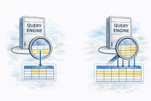 Two query engines compared: one reading a single targeted region of a table, the other scanning several