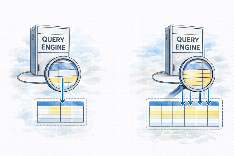 Two query engines compared: one reading a single targeted region of a table, the other scanning several