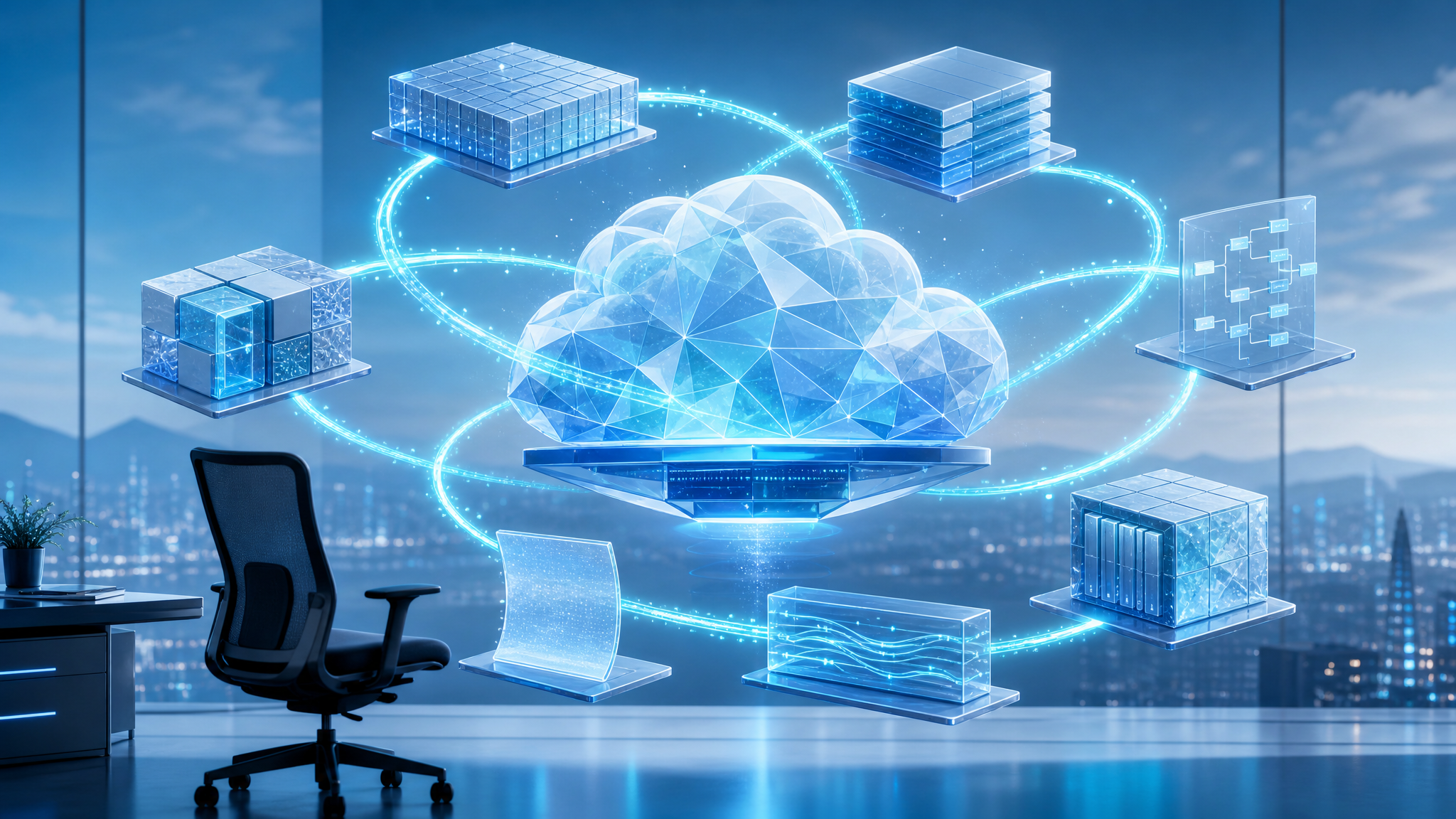 A glowing cloud on a platform orbited by glass data structures, in an empty office overlooking a city