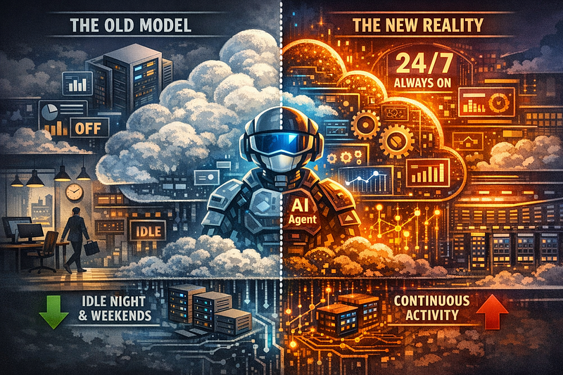 Split illustration contrasting an office going idle at night and weekends with an AI agent driving continuous 24/7 activity