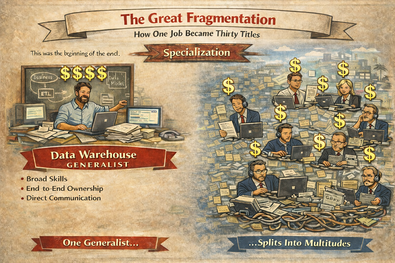 Poster contrasting one data warehouse generalist with many specialists, captioned One Generalist Splits Into Multitudes