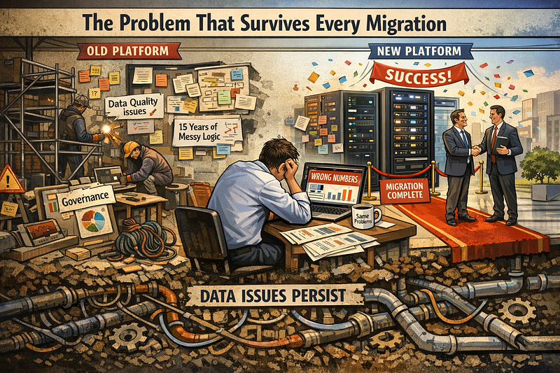 Illustration of an old platform's data quality and governance problems reappearing beneath a celebrated new platform, above pipes labelled data issues persist