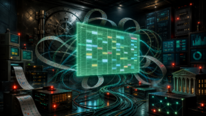 A glowing spreadsheet at the centre of a bank vault room, cables and printouts running from it to servers and monitors