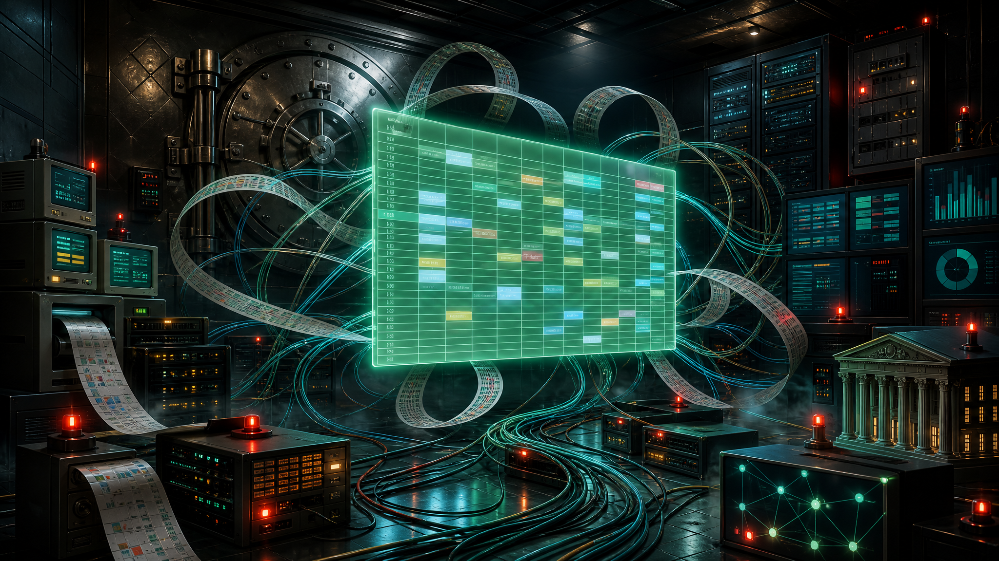 A glowing spreadsheet at the centre of a bank vault room, cables and printouts running from it to servers and monitors