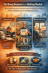 Three-panel poster on responses to a shifting market: working harder, chasing the next platform, and waiting for recovery