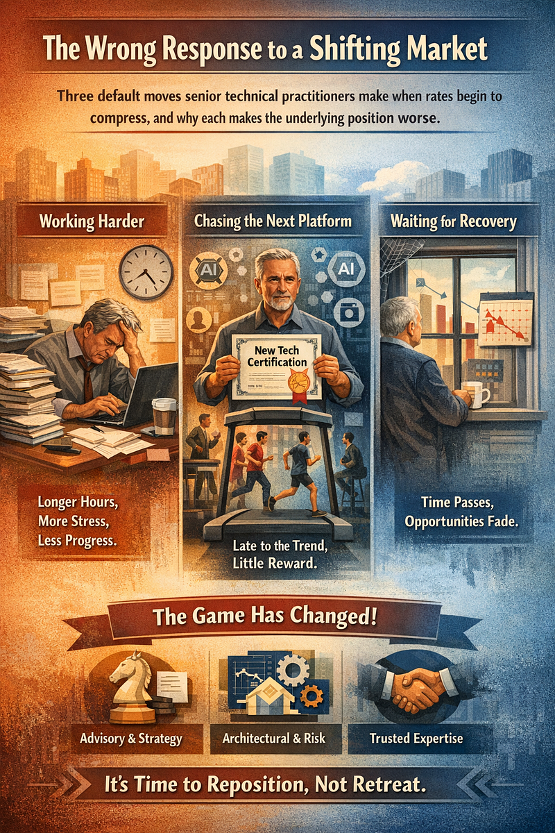 Three-panel poster on responses to a shifting market: working harder, chasing the next platform, and waiting for recovery