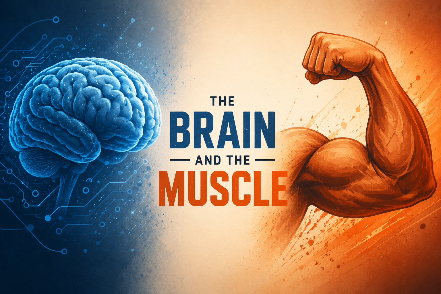 A blue brain on a circuit-board background beside an orange flexed arm, under the words The Brain and the Muscle