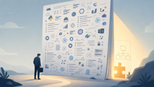 A person with a briefcase dwarfed by a giant job posting covered in technology logos, a single glowing puzzle piece behind it