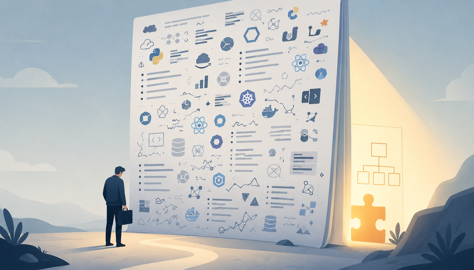 A person with a briefcase dwarfed by a giant job posting covered in technology logos, a single glowing puzzle piece behind it