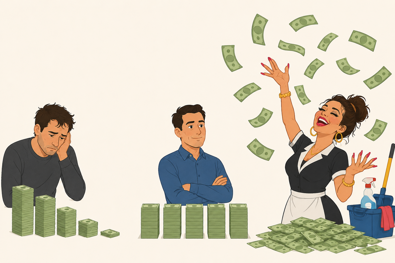 Three people with money: one downcast behind shrinking stacks, one with folded arms behind even stacks, and a cleaner throwing banknotes into the air
