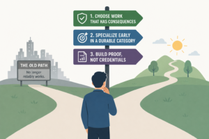 A person at a fork between the old path toward a grey city and a sunlit route, under a signpost: choose work with consequences, specialize early, build proof not credentials
