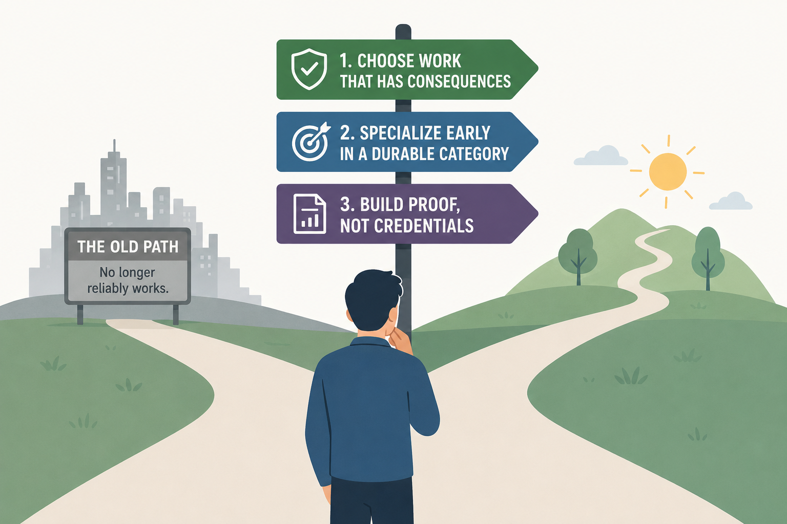 A person at a fork between the old path toward a grey city and a sunlit route, under a signpost: choose work with consequences, specialize early, build proof not credentials
