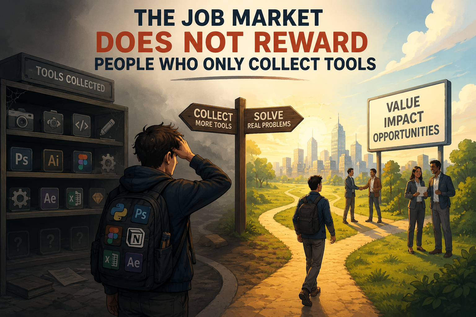 A person facing a shelf of collected software tools, beside a signpost pointing from collect more tools toward solve real problems