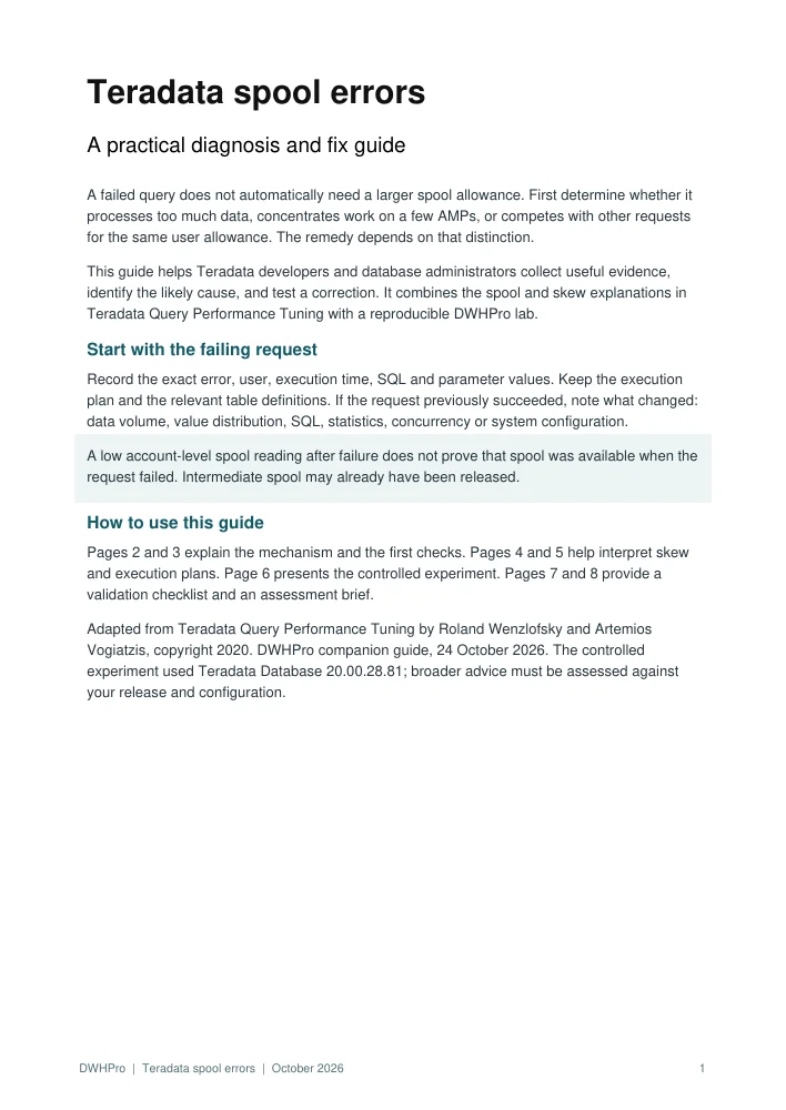 First page of the Teradata spool errors guide